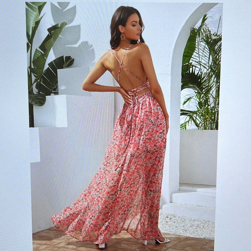 Lace Up Open Back Floral Cami Dress